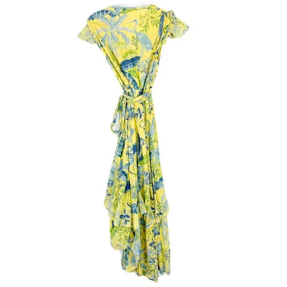 Banjanan Mercy Midi Dress Wrap Tropical Floral Bird Yellow Size Small S $370 EUC - Picture 11 of 16